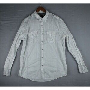 INC Pearl Snap Western Shirt Mens Large Striped White Long Sleeve Roll Up Sleeve